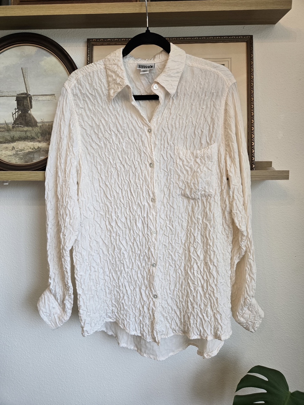 Chico's Design 100% Silk Cream Crinkled Button-Down Shirt | Size 1